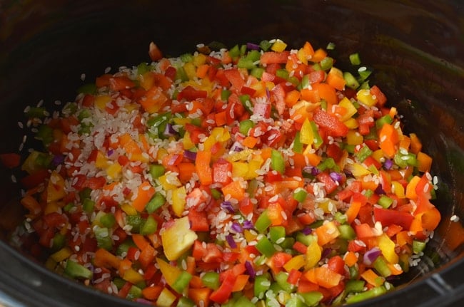 Crockpot Rainbow Risotto. Colorful veggies make this crockpot rainbow risotto mouth-watering!